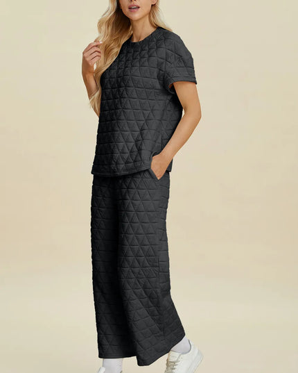 Double Take Full Size Texture Round Neck Short Sleeve Top and Pants Set