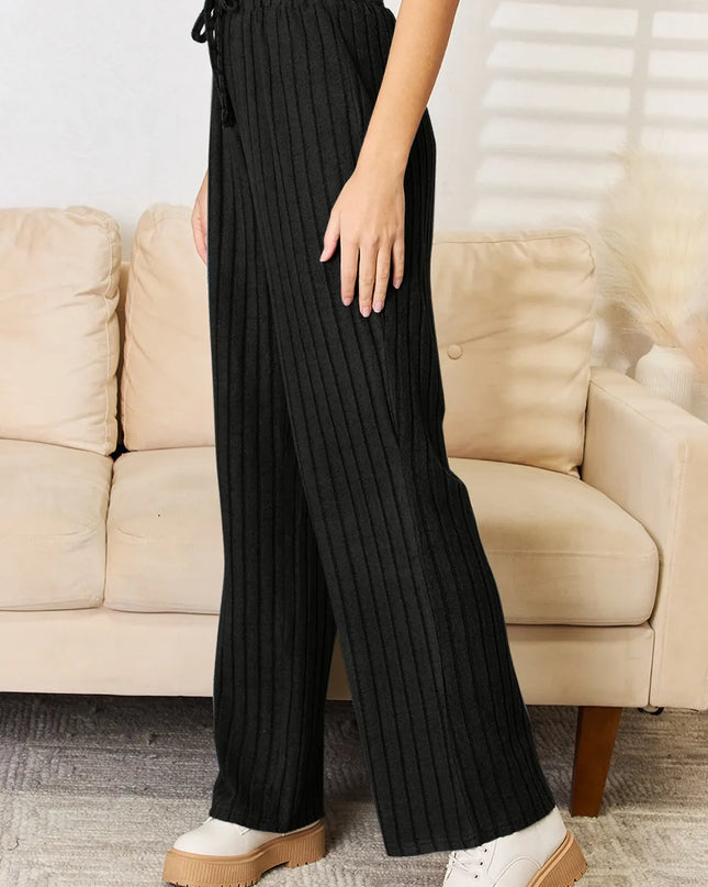 Basic Bae Full Size Ribbed Drawstring Hooded Top and Straight Pants Set