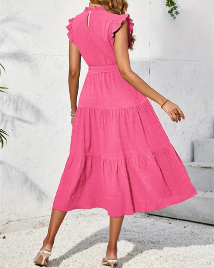 Frill Mock Neck Ruffled Cap Sleeve Midi Dress