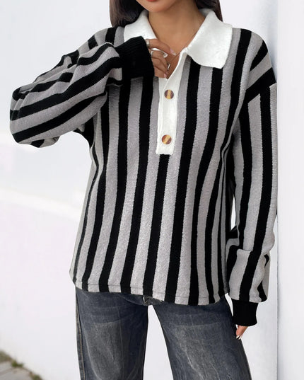 Striped Button Front Long Sleeve Sweater Dark Gray