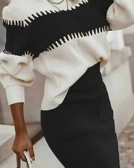 Two-Tone Ribbed Knit Top and Skirt Sweater Set