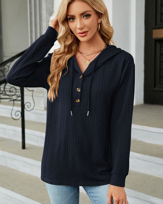 Cable-Knit Long Sleeve Hoodie Dark Navy