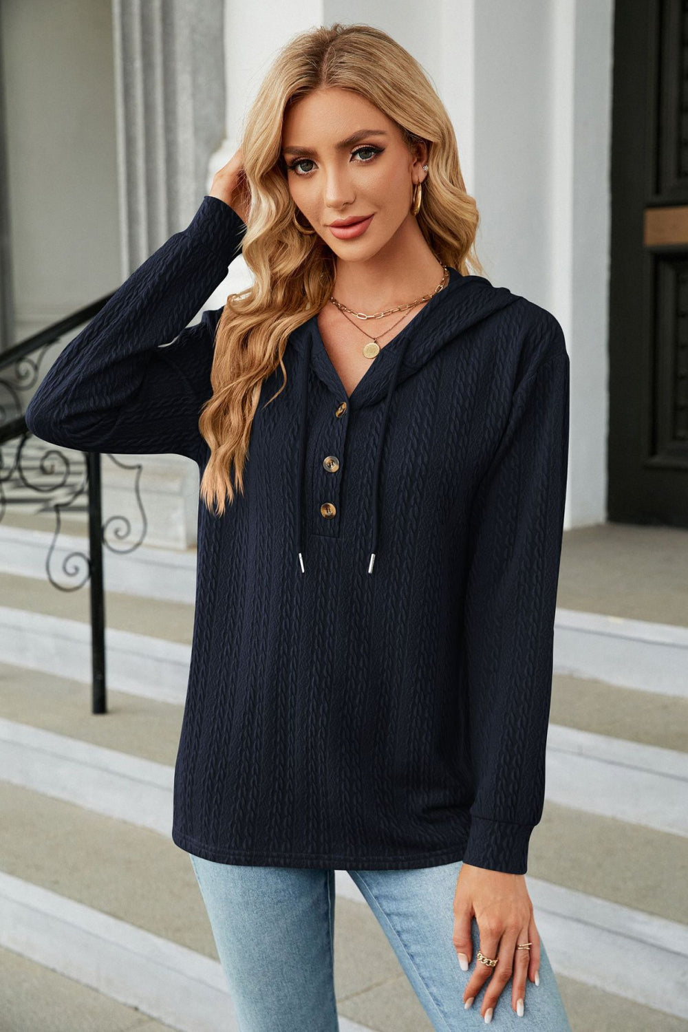 Cable-Knit Long Sleeve Hoodie Dark Navy