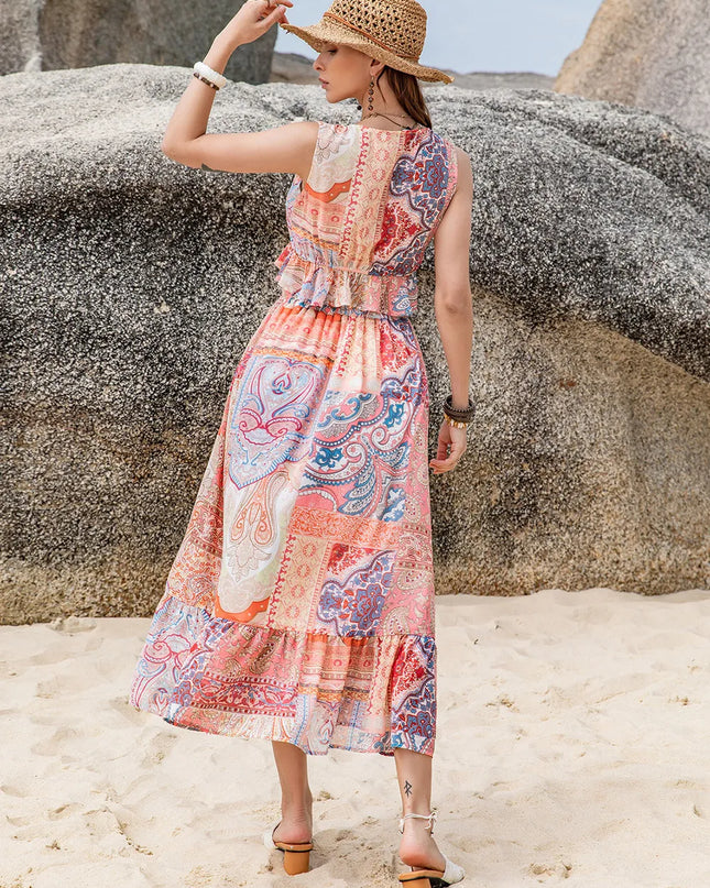 Printed V-Neck Top and Midi Skirt Set