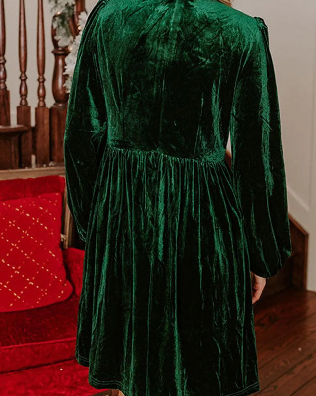 Velvet Bow Front Balloon Sleeve Dress