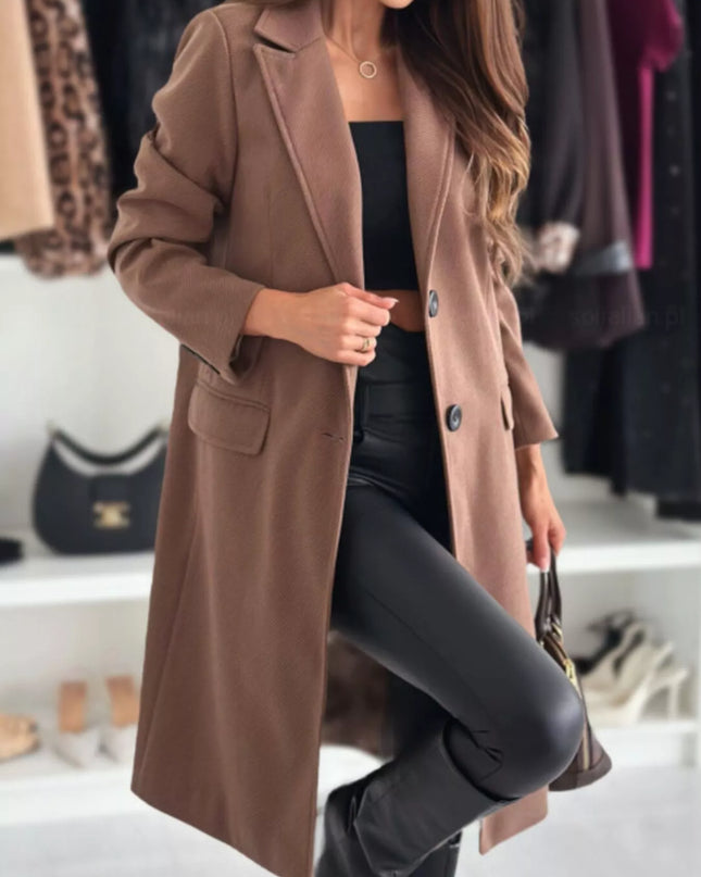 Lapel Collar Long Sleeve Coat Brown