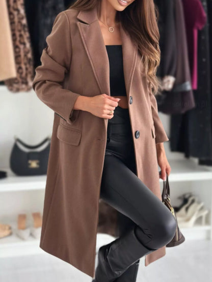 Lapel Collar Long Sleeve Coat Brown