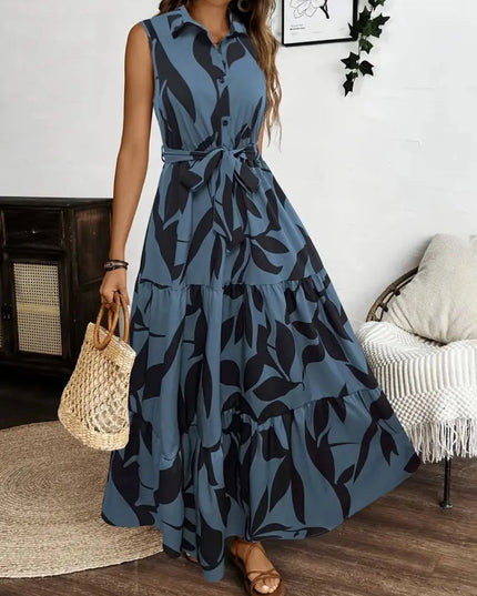 Printed Tie Waist Sleeveless Maxi Dress 
