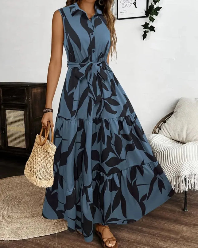 Printed Tie Waist Sleeveless Maxi Dress 