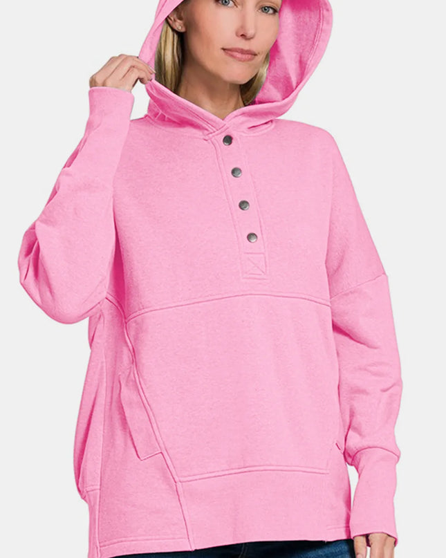 Zenana Half Snap Long Sleeve Hoodie with Kangaroo Pocket