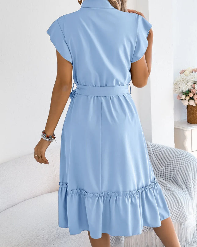 Tie Waist Ruffled Cap Sleeve Dress