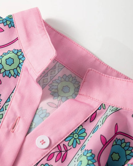 Printed Shirred Sleeve Buttoned Front Midi Dress with Sash