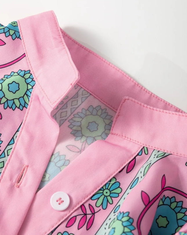 Printed Shirred Sleeve Buttoned Front Midi Dress with Sash