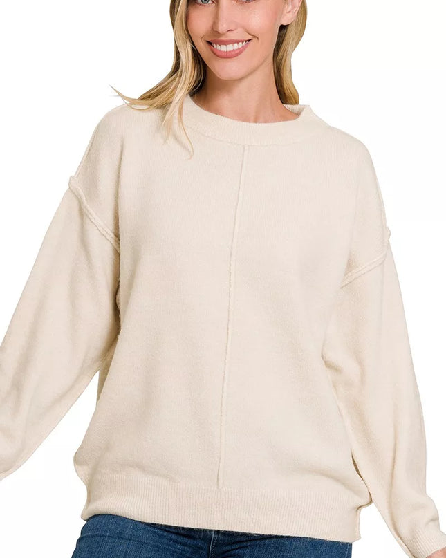 Zenana Melange Front Seam Round-Neck Sweater