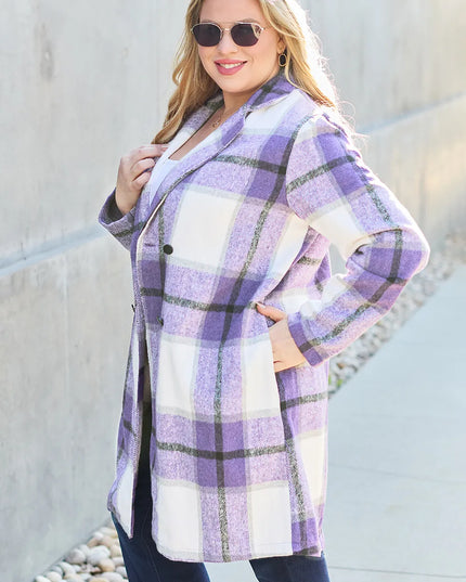 Double Take Full Size Plaid Button Up Lapel Collar Coat