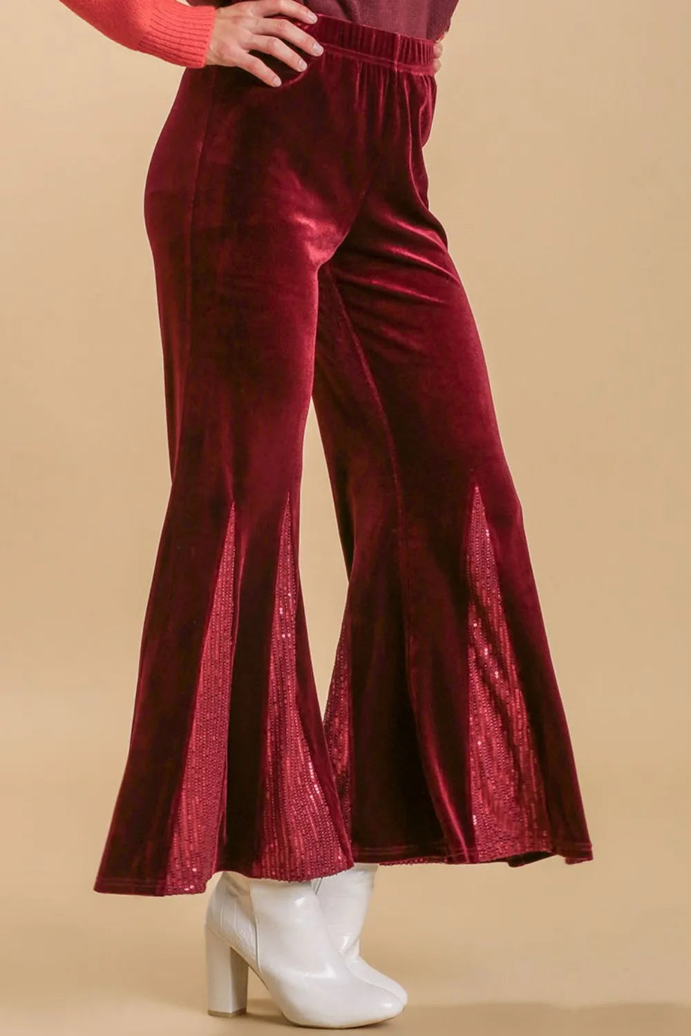 Umgee Full Size Sequin Elastic Waist Velvet Stretch Flare Leg Pants Plus Size Burgundy