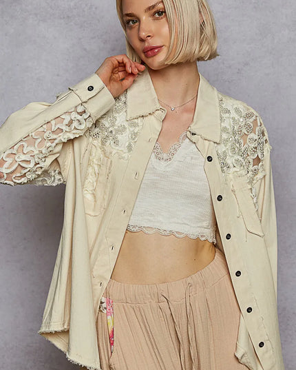 POL Button Down Raw Edg Shirt with Pearl Lace Patch OATMILK