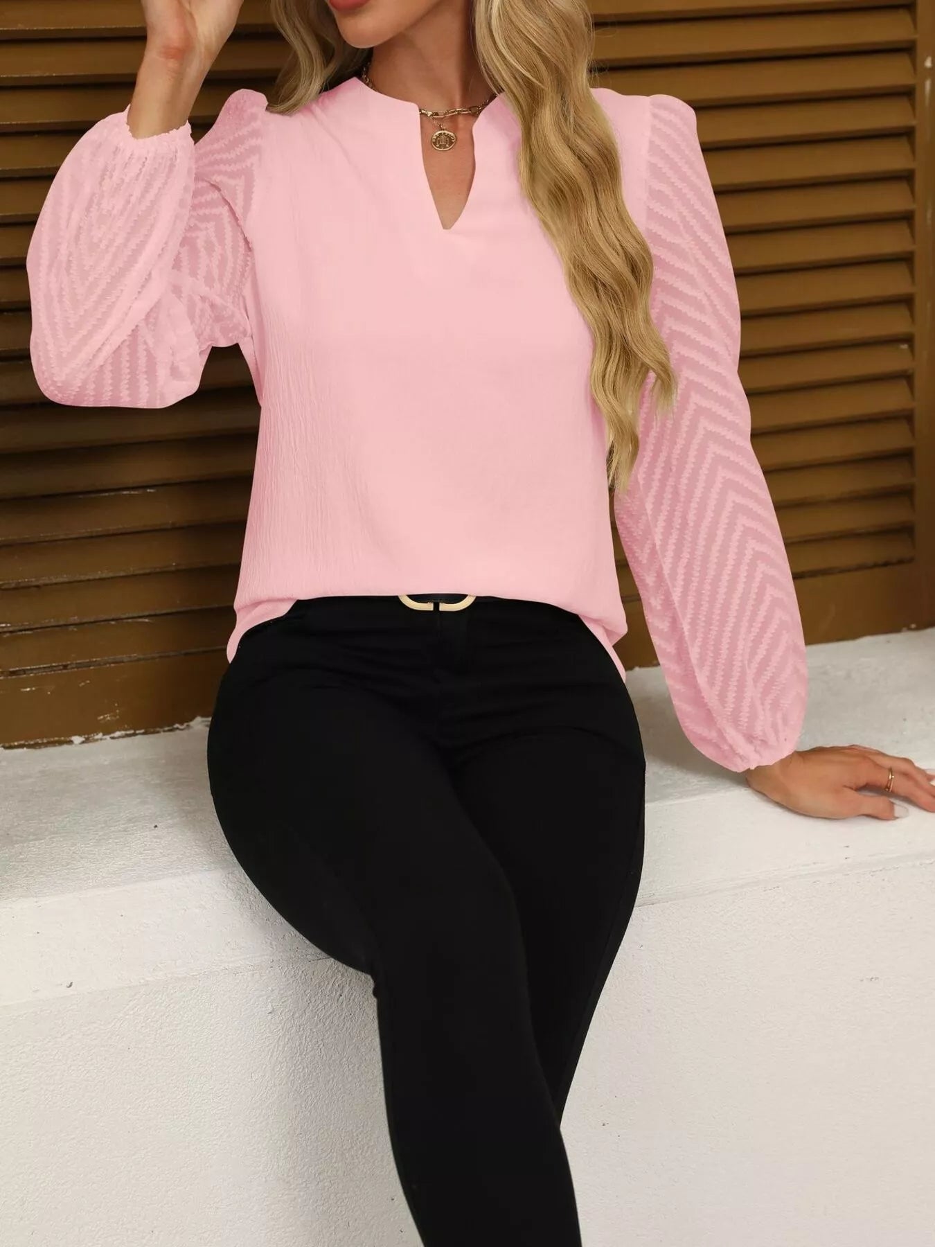 Notched Balloon Sleeve Blouse