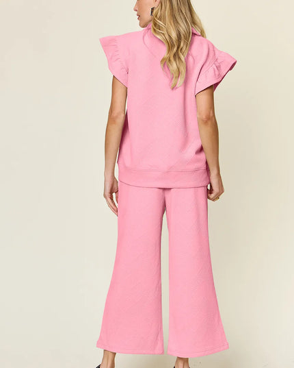 Double Take Texture Ruffle Short Sleeve Top and Drawstring Wide Leg Pants Set
