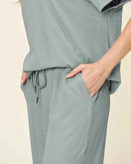 Double Take Full Size Texture Round Neck Short Sleeve T-Shirt and Wide Leg Pants