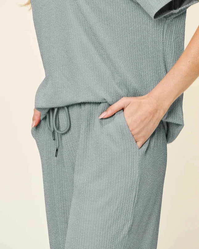 Double Take Full Size Texture Round Neck Short Sleeve T-Shirt and Wide Leg Pants