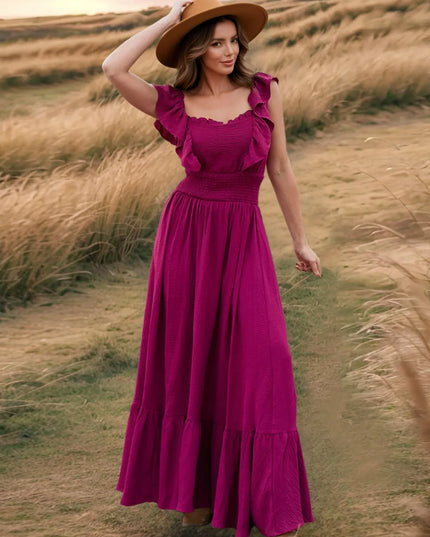 Ruffled Smocked Square Neck Maxi Dress