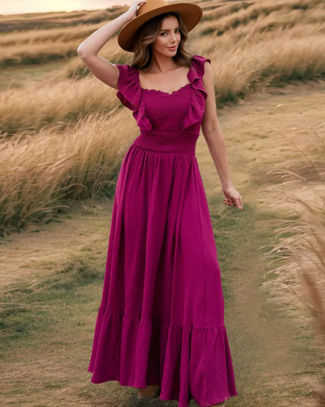 Ruffled Smocked Square Neck Maxi Dress