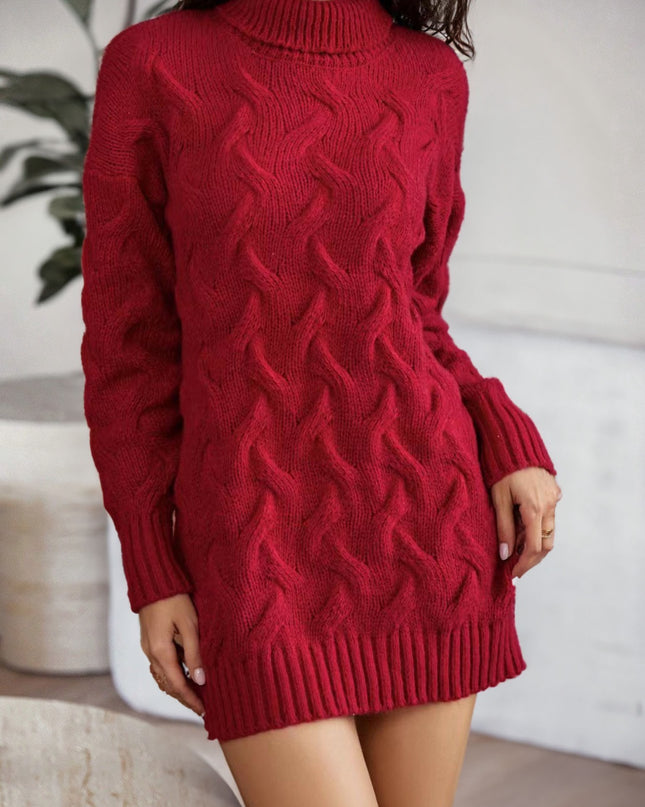 Cable-Knit Turtleneck Sweater Dress