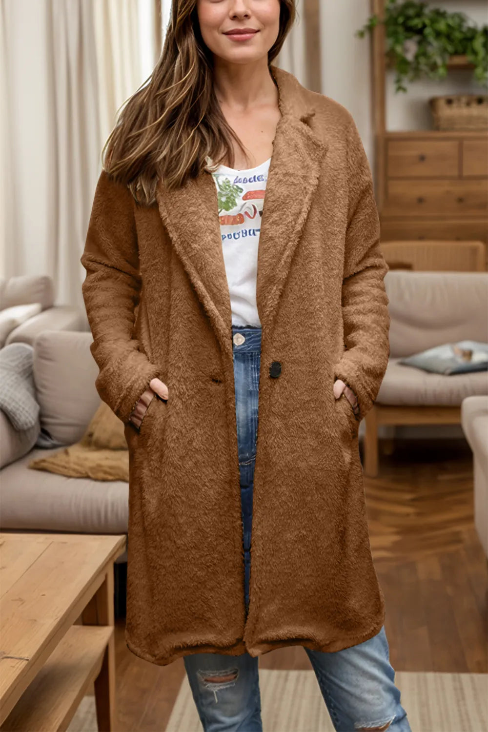 Full Size One Button Long Sleeve Longline Plush Coat Brown