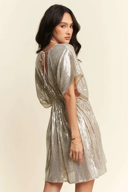 Davi & Dani Sequin Plunge Neck Knot Cut Out Tie Back Party Dress