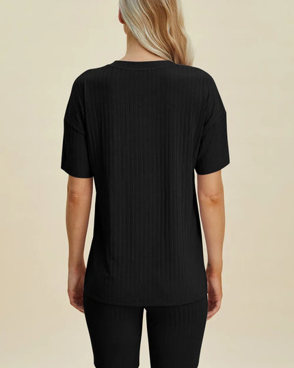 Basic Bae Full Size Ribbed V-Neck Short Sleeve Top and Shorts Set
