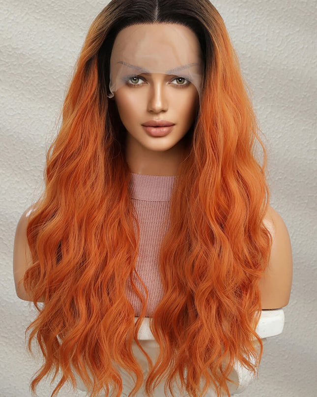 13*2" Lace Front Wigs Synthetic Long Wave 24" 150% Density Ginger Brunette Root One Size