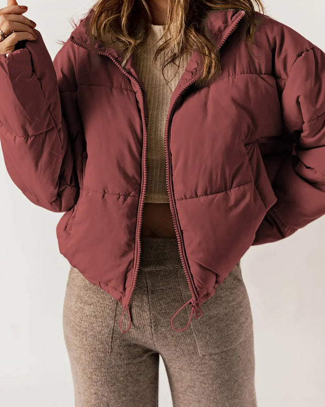 Zip Up Collared Neck Long Sleeve Winter Coat