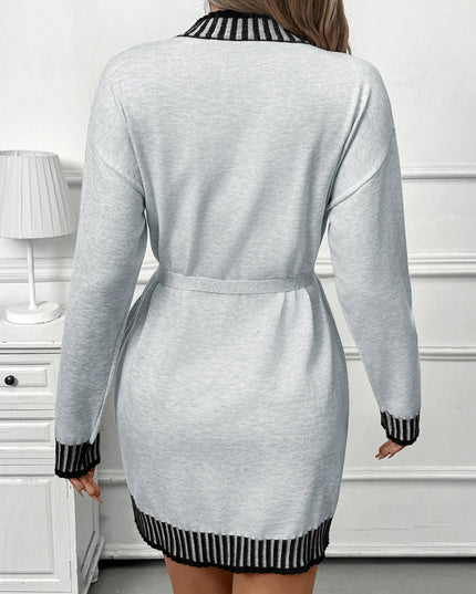 Striped Trim Tie Waist Sweater Dress
