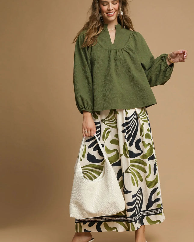 Umgee Textured Notched Blouse with Balloon Sleeves