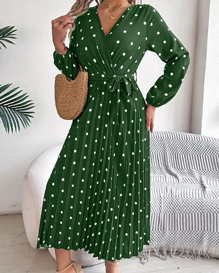 Front Tie Polka Dot Midi Pleated Dress