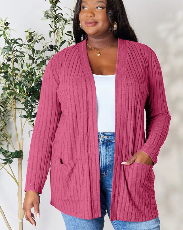 Basic Bae Full Size Ribbed Open Front Cardigan with Pockets Pink