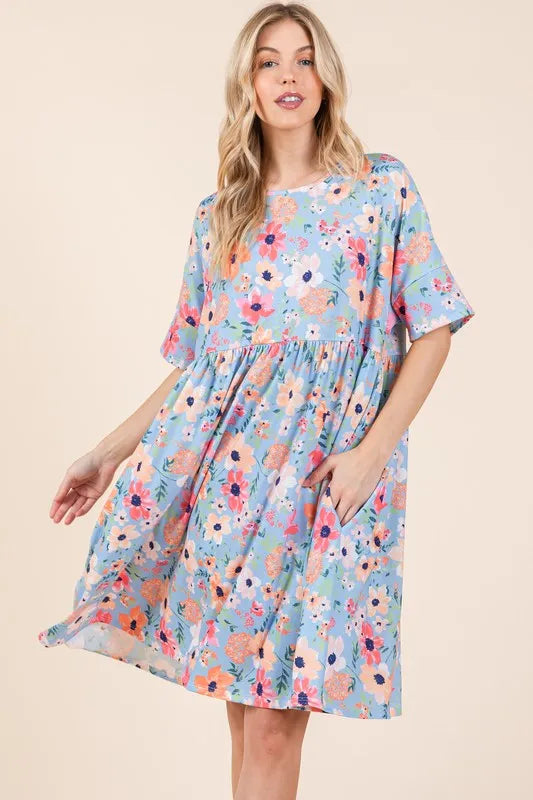 BOMBOM Floral Shirred Dress with Pockets