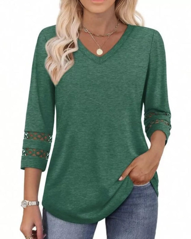 Full Size V-Neck 3/4 Sleeve T-Shirt Plus Size Dark Green