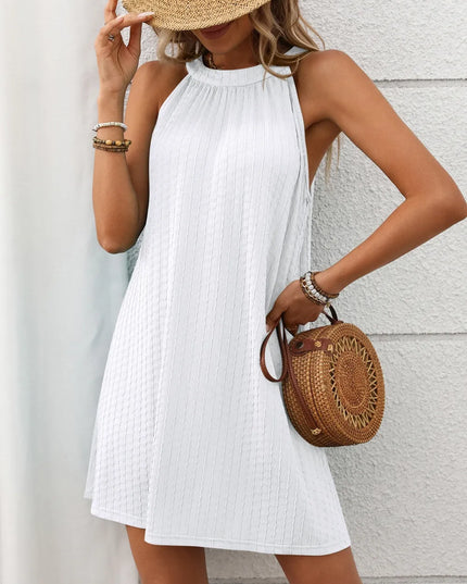 Textured Grecian Neck Mini Dress White