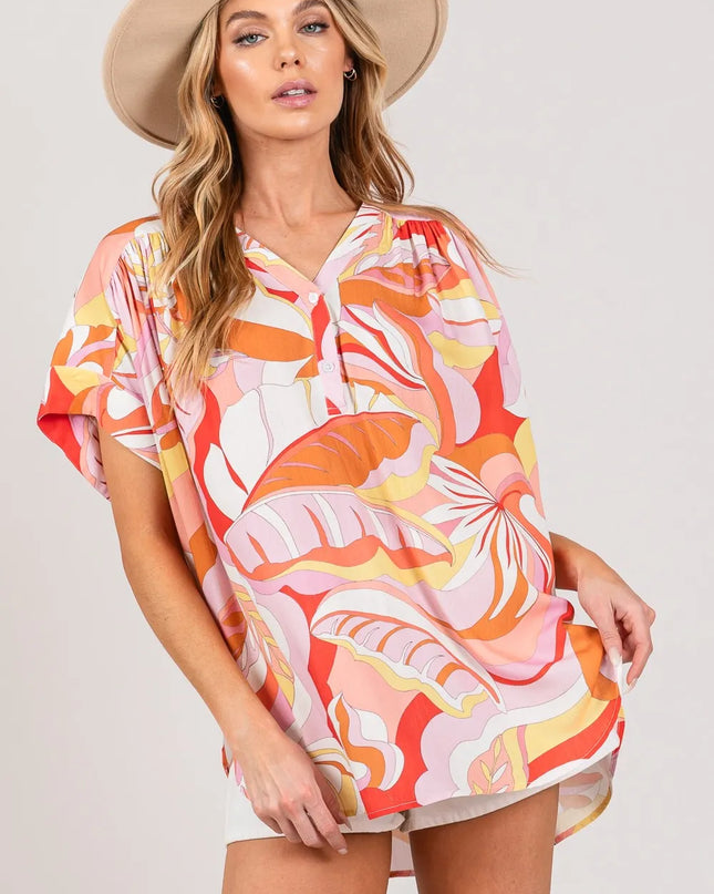 SAGE + FIG Abstract Print Half Button Blouse