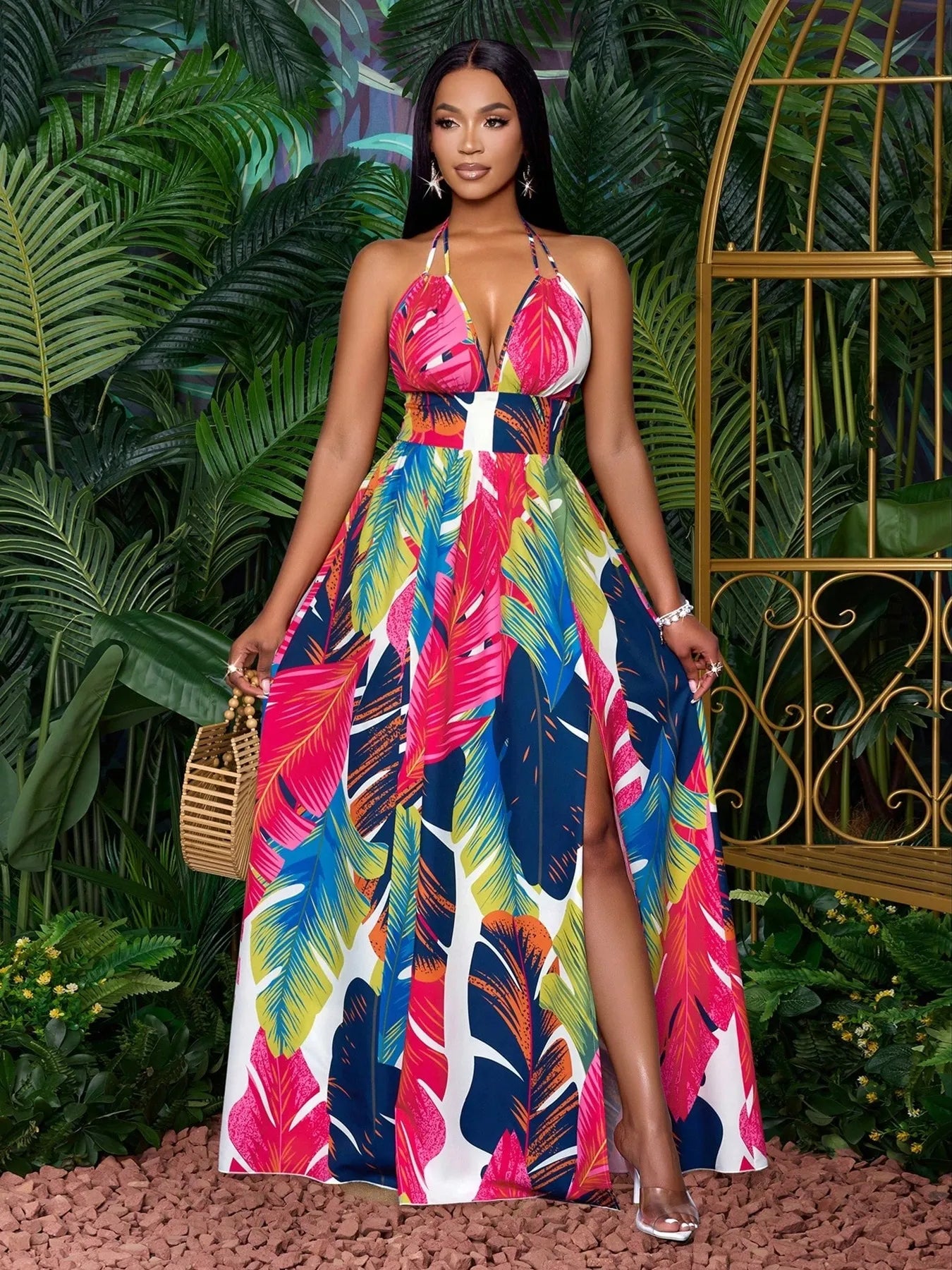 Tropical Feather Print Halter Maxi Dress
