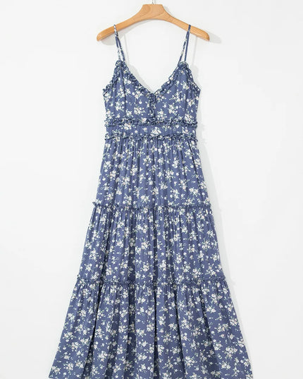 Floral Spaghetti Strap Frilled V Neck Tiered Midi Dress