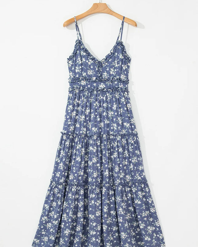 Floral Spaghetti Strap Frilled V Neck Tiered Midi Dress