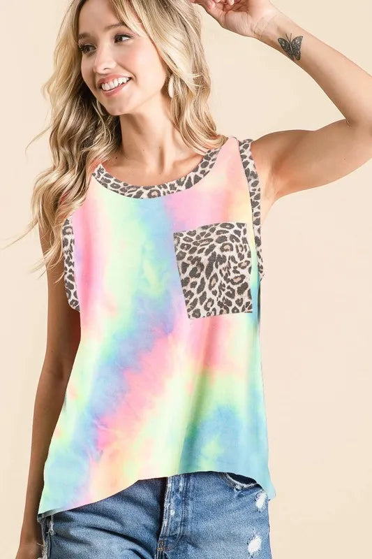 BiBi Sleeveless Tie Dye Top With Leopard Band