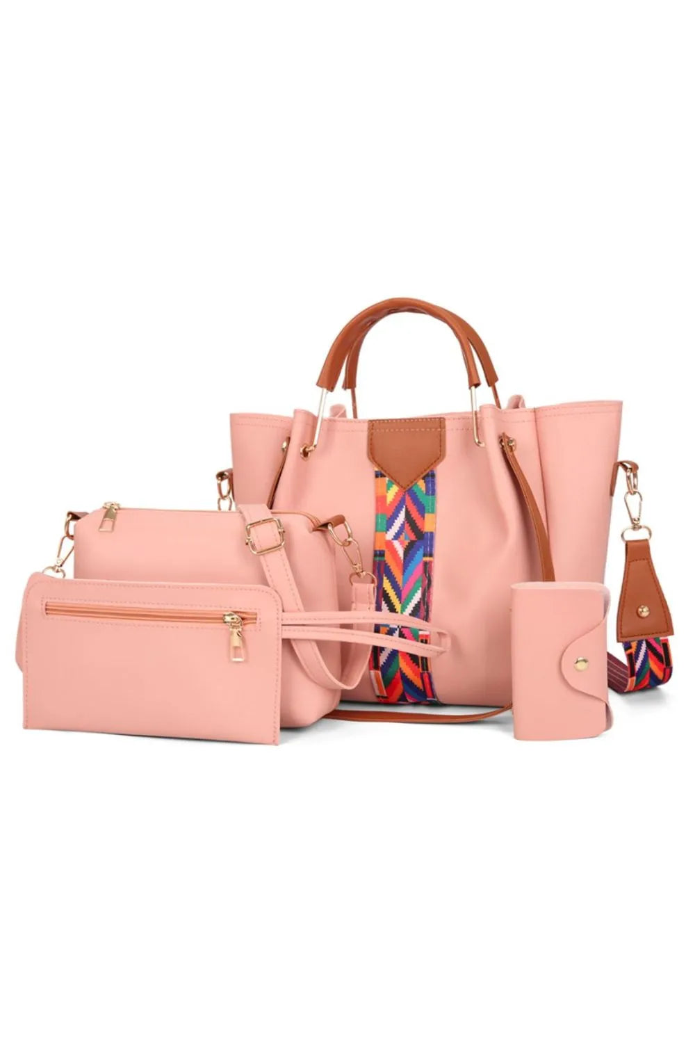 4-Piece Geometric Strap Bag Set Pink onesize