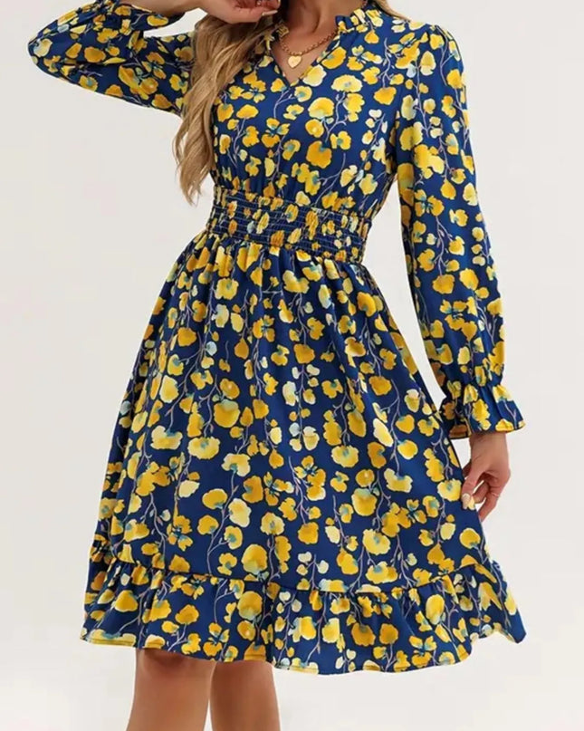 Floral Print Flounce Sleeve Ruffle Hem Dress Yellow Flower