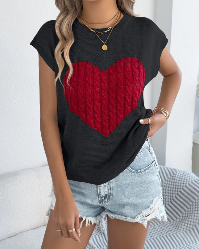 Cable Knit Heart Round Neck Cap Sleeve Knit Top
