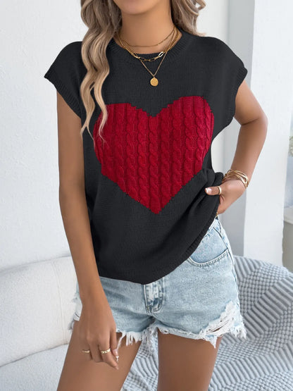 Cable Knit Heart Round Neck Cap Sleeve Knit Top