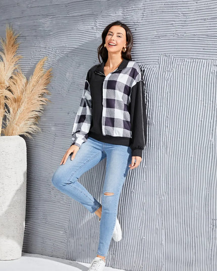 Plaid Exposed Seam Long Sleeve Blouse